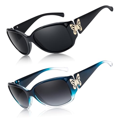 Myiaur 2 Pack Polarised Sunglasses for Women, Wrap Around Trendy Retro Shades with UV400 Protection Butterfly Decors