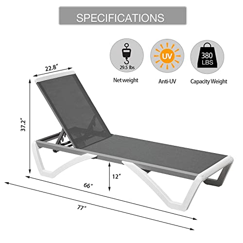 Domi Outdoor Chaise Lounge, Adjustable Aluminum Patio Lounge, Plastic Pool Lounge Chair for Deck Lawn Backyard (1 Grey Chair W/O Table)