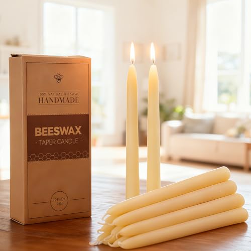 12 Pack Beeswax Candles, 9in Tapered Candlesticks 100% Pure Beeswax, 10-Hour Burn Time, Taper Candles for Home, Events, and Relaxation (White)