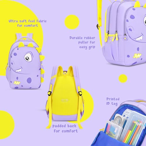 Skybags Buddy 03 Dino 20 Liters Premium Polyester Fabric School Backpack for Kids with Multiple Compartments and Adjustable Strap - Boys & Girls (Yellow & Purple) - Image 5