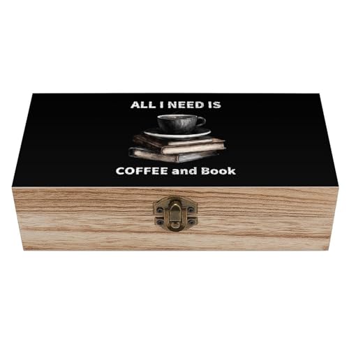 All I Need Is Coffee And Book Wooden Storage Box Small Keepsake Jewelry Organizer with Hinged Lid And Front Clasp