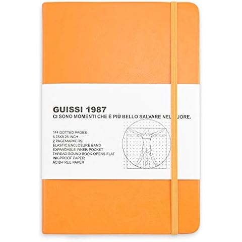 Guissi Classic Dotted Grid Bullet Notebook Journal Dot Hard Cover A5 Premium 100gsm Thick Acid-free Paper with Fine Inner Pocket Faux Leather Office School Supplies 144 Pages Designed in Florence Cover