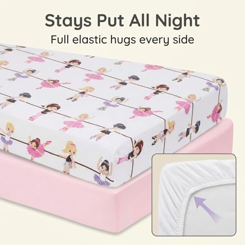 Image of Everyday Kids 2 Pack Fitted Girls Crib Sheet, 100% Soft Breathable Microfiber Baby Sheet, Fits Standard Size Crib Mattress 28in x 52in, Nursery Sheet - Ballerina /Pink