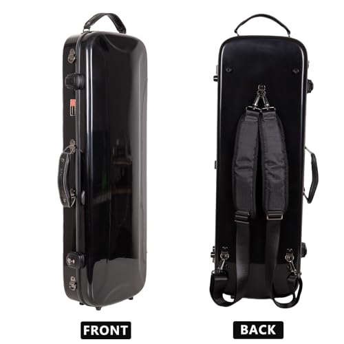 Image of Crossrock Fiberglass Rectangular Mandolin Case for F-Style (Fits Gibson F5, L /R Hand) | Black Gloss, Forest Green Velvet, TSA Lock, Hygrometer, Backpack Straps - Pro Travel Series (CRF2020UMFBK-R)
