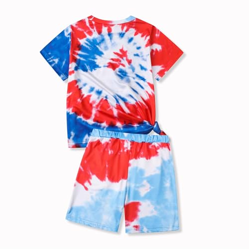 Image of 7-14Y Tween Girl Clothes 2 Piece Short Sleeve Tie Dye Heart Print Top and Shorts Teen Girl Summer Outfits Short Set