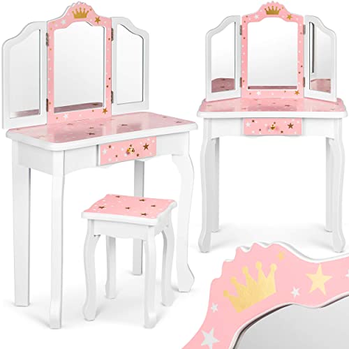 Ricokids Tocador de madera de alta calidad con cajón extraíble y espejos móviles, madera, 60 x 29 x 98 cm, color blanco, rosa y dorado Cover
