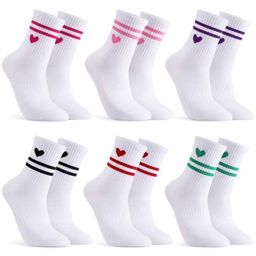 Jspupifip Heart Socks 6 Pairs Crew Athletic Cotton Women Striped Socks with Retro Stripes Hearts