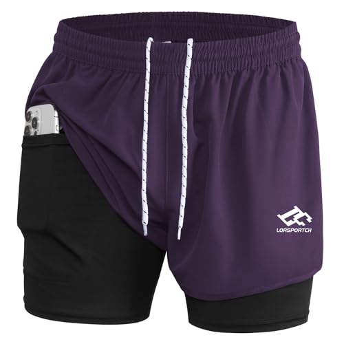 Image of Men's 2 in 1 Running Shorts Men's Fitness Shorts Outdoor Marathon Training Shorts with Built-in Pockets Purple 3XL