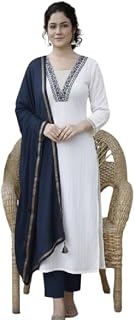 KNPLUS Women’s White Straight Kurta Pant Set with Dupatta | Embroidered Neck Kurta Set | 3 Piece Ethnic Wear for Festive Use Price In India