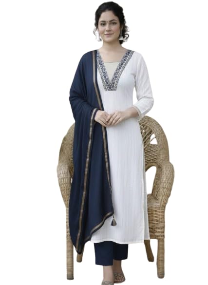 KNPLUS Women’s White Straight Kurta Pant Set with Dupatta | Embroidered Neck Kurta Set | 3 Piece Ethnic Wear for Festive Use - Review, Price and Buying Guide