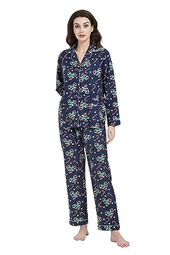 Amaxer Conjunto de Pijama de Franela para Mujer 100% Algodón Conjuntos de Pijama de Otoño e Invierno,Dulces navideños,L