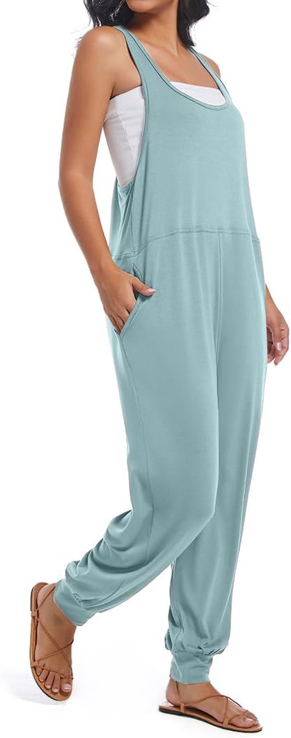 Women's Summer U Neck Jumpsuit Casual Sleeveless Overalls Loose Long Pants Comfortable Rompers with Pockets - Image 5