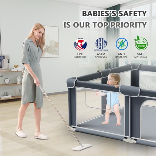Image of Foldable Playpen for Babies and Toddlers, 71 inchx79 inch Portable Play Yard with Mat, Kids Collapsible Play Pen with Sturdy Metal Frame & Mesh Walls, Indoor & Outdoor Baby Fence Play Area