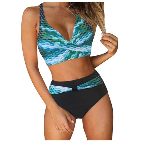 Bikini atlético con estampado floral y corte fruncido, traje de baño deportivo negro, traje de baño de dos piezas para mujer, traje de baño sexy con ribete en contraste, verde, XXL