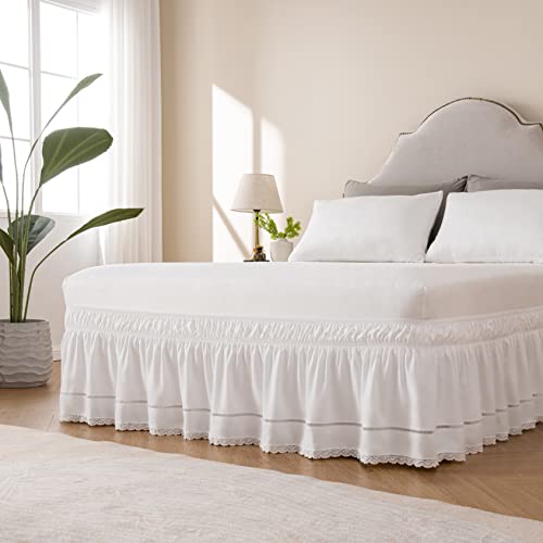MIYE Wrap Around Ruffled Lace Bed Skirt, Elastic Dust Ruffle with Adjustable Belts, Easy to Put On, Bed Frame Cover, Machine Washable (Floral Lace/White, King/Queen-15 Drop) by MIYE - Used condition - Image 2