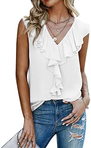 NBQLAB Womens Deep V Neck Tank Tops Lotus Ruffle Casual Summer Blouse Sleeveless Chiffon Shirt White