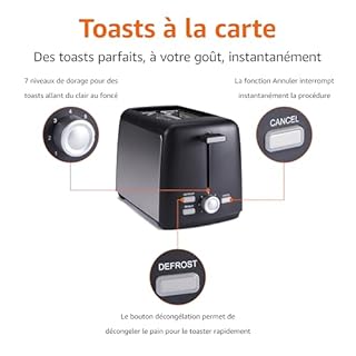 Amazon Basics Grille-Pain 2 Tranches avec 7 Niveaux de Dorage et Tiroir Ramasse-miettes Amovible, Fentes Extra Larges, 800W, Noir