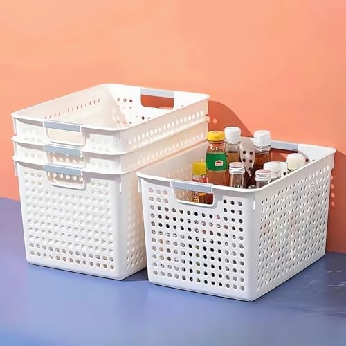 Fohome Plastic Storage Baskets for Organizing, 4-Pack Large Storage Bins Pantry Organization for Cabinets, Stackable Storage Baskets with Handles, Open Storage Box for Bathroom, kitchen, Office
