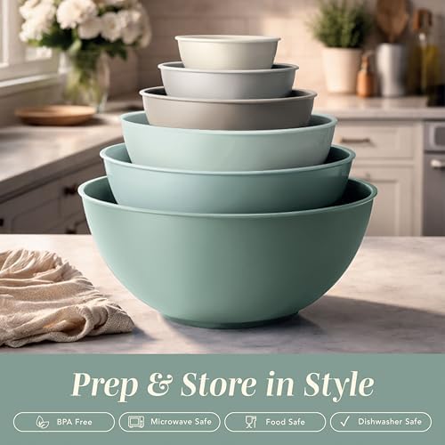 COOK WITH COLOR Mixing Bowls with TPR Lids - 12 Piece Plastic Nesting Bowls Set Includes 6 Prep Bowls and 6 Lids, Microwave Safe Mixing Bowl Set (Mint Ombre) - 2