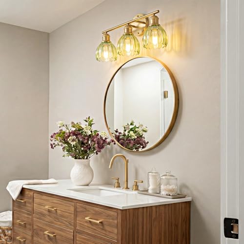 LETRY Bathroom Light Fixtures, 3-Light Brushed Gold Vanity Lights for Bathroom with Green Tulip Glass Shade, 20" Vintage Bathroom Vanity Lighting Fixtures Over Mirror for Bedroom Living Room Hallway — view 2