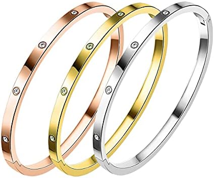 Gold/Rose/White Gold Plated Love Friendship Bracelet Personality Stackable Stainless Steel Bangle with Cubic Zirconia Crystal Bangle Bracelets Present Gift for Women Teen Girls (4MM Tri-Color)