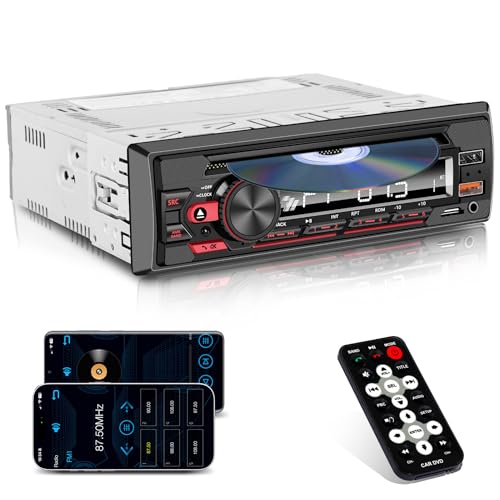 Single DIN CD/DVD Car Stereo with Bluetooth Hands-Free Calling, Push-to-Talk Assistant, FM Car Radio, USB AUX SD Playback, App Control, 7-Color Backlit Display, iOS & Android Compatible
