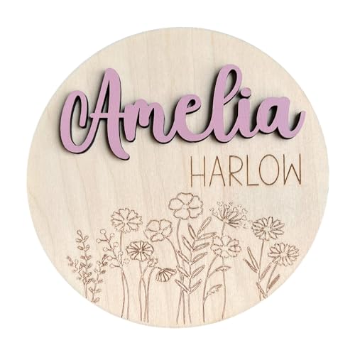 Personalized Baby Girl Floral Engraved Birth Announcement Name Sign, Baby