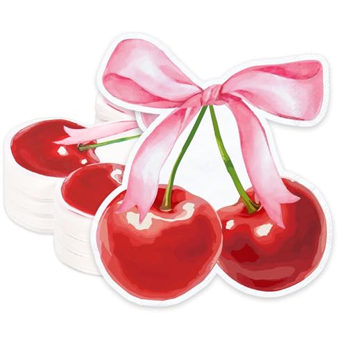 JarThenaAMCS 100Pcs Pink Bow Cherry Napkins Red Disposable Napkins Fruit Paper Luncheon Dinner Napkin for Baby Shower Wedding She's the Cherry on Top Birthday Party Table Decor Supplies