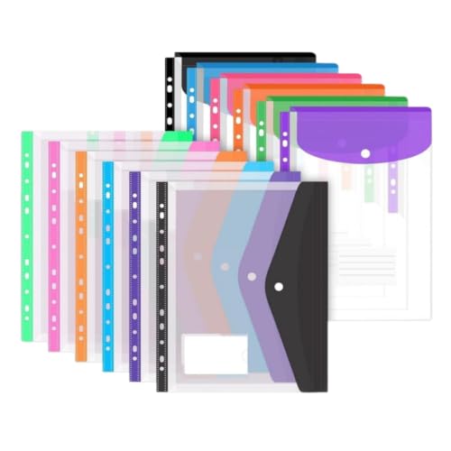 12 Pack Expandable Plastic Envelopes Binder Pocket, 11 Hole Expandable File Folder for 2/3/4 Ring Document Pouch with Snap Button & Label, Loose-Leaf Transparent for School Home Office