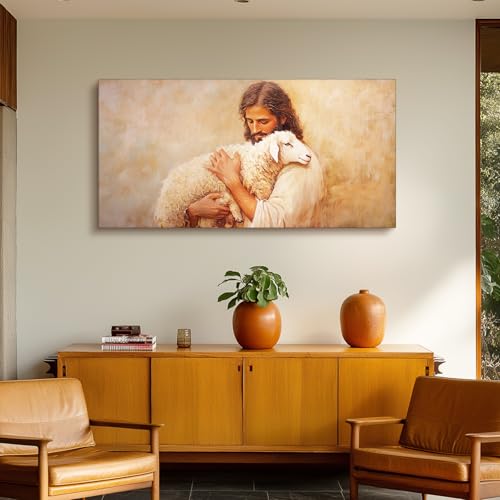 SERIMINO Jesus and Lamb Large Wall Art, Christian Art Wall Decor for Serenity Prayer, Bible Parable of the Lost Sheep Religious Art Prints, The Good Shepherd Pictures for Living Room Bedroom 24"X48"