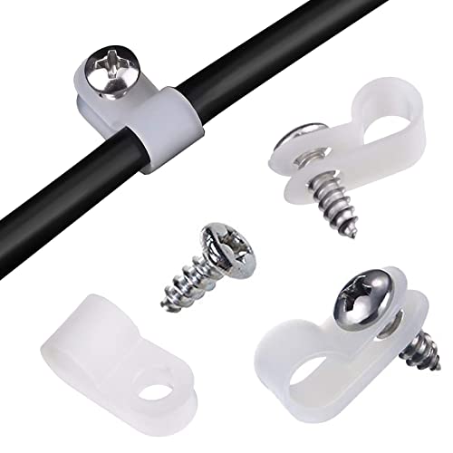 Aroidful 100 Pezzi Morsetti per Cavi in Nylon Tipo R Cavo Clip R-Tipo Cavi da Muro Fermacavi Clip per Cavi con 100 Viti Cavo Clip Fascetta per La Gestione del Cablaggio 6,4 mm (Bianco)