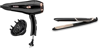 BaByliss D373E Secador de pelo retráctil, iónico, Motor DC 2000W de potencia + BaByliss ST393E Plancha de pelo profesional, iónica, placas flotantes extra largas de cerámica de titanio