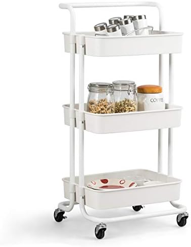 Hengsong Servierwagen 3-stufig Beige - Rollwagen Mit Haken & Becherhaltern 36x26x69cm