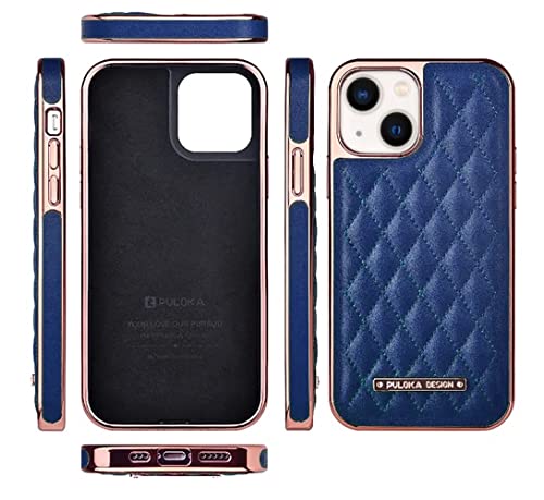 Image of PULOKA iPhone 14 Vegan Leather Back Cover Royal Diamond Pattern with Electroplated Case Compatible for Apple iPhone 14 6.1 inchinch - Blue