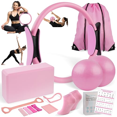 VODFOG Pilates Ring Essentials Kit for Women,Home Fitness Equipment Sets with 12''Pilates Ring,2 Pilates Ball,Yoga Brick,Elastic Band & Other Accessories Suitable for Exercise & Shape up-Pink 13PCS