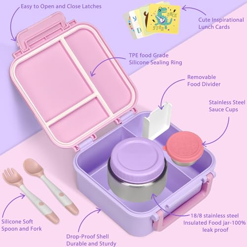 Image of Kids Bento Lunch Box with 9oz Soup Thermo Leakproof Lunch Food Containers 4 Compartment with Insulated Hot Food Jar for Kid Toddler Girls Boys to School Trvael