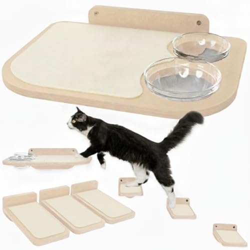 INICIO Cat Wall Shelves – Dog Proof Feeding Station with Wall Mounted Shelves, Durable 3 Step Birch Floating Shelf for Cats Up to 15lbs, Attached Cat Food Bowl for Convenient Feeding – Wood Brown