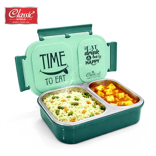 Image of Classic Steels Bento Duo Lunch Box for Kids 600ml, 2 Compartment Stainless Steel Tiffin Box, Leak Resistant, BPA Free, School Lunch Box - Green