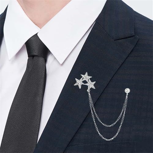 Image of 2PCS Crystal Hanging Chain Brooch Suit Pin for Men Women Vintage Crown Cross Star Diamond Broochs Gold and Silver Wedding Brooch for Clothes Dress Hats Bags Accessory
