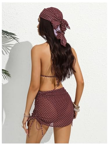 Image of RoseSeek Women's 4 Piece Polka Dots Bathing Suits Cover Up Skirt & Bandana