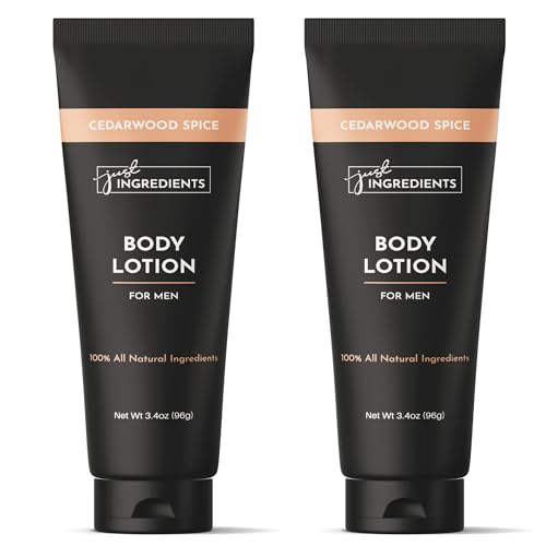 JUST INGREDIENTS Cedarwood Spice Body Lotion | 3.4 oz | 2 Pack | Hydrating Skin Care with Coconut Oil, Essential Oils, Jojoba Oil, Shea Butter | Non-Greasy Moisturizer for Men