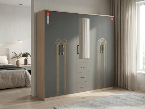 Image of Butterfly 5 Door Wardrobe with Mirror & Drawers | Engineered Wood Bedroom Wardrobe | 6.5 x 6.5 ft | Modern Storage Cabinet