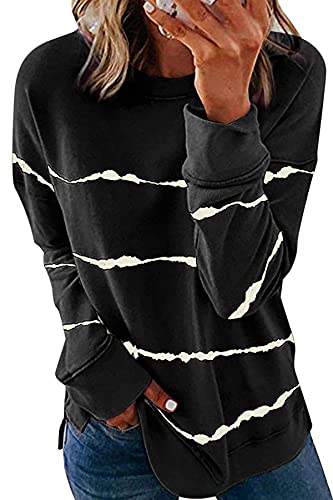 SMENG Sweatshirt Damen Rundhals Pullover Für Damen Oberteile Herbst Longsleeve Lässige Gestreiftes Oberteile Colour Block Schwarz M