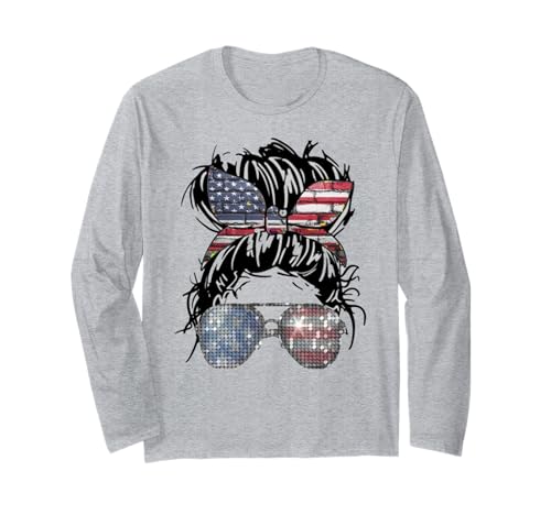 Messy Bun - Gafas de bandera americana (4 de julio patriótica) Manga Larga