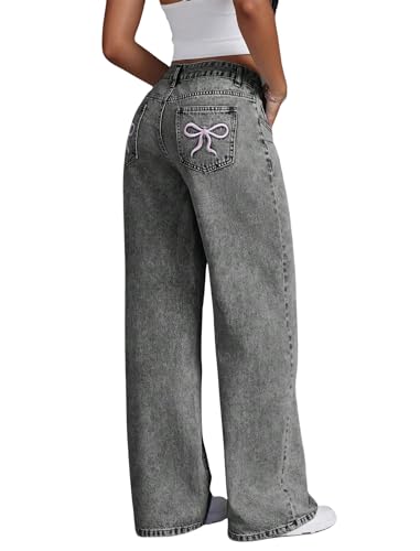 Girls Wide Leg Jeans Baggy Bow Embroidery High Elastic Waist Denim Pants Cute Y2K Trendy Tween Streetwear 8-13Y