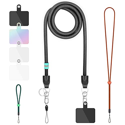 WinRoot Universal Crossbody Multifuctional Nylon Cell Phone Lanyards, Camera Strap, with 4 Lanyard pad, 1 Neck Strap and 1 Wrist Strap, Compatible with Most Phones (Black), 48in