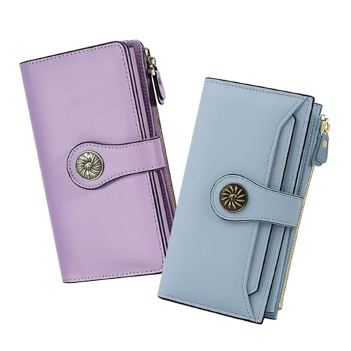 Travelambo Wallets Women RFID Large Capacity Luxury Waxed Leather Clutch Wallet Multi Card Organizer (Light Purple + Blue)