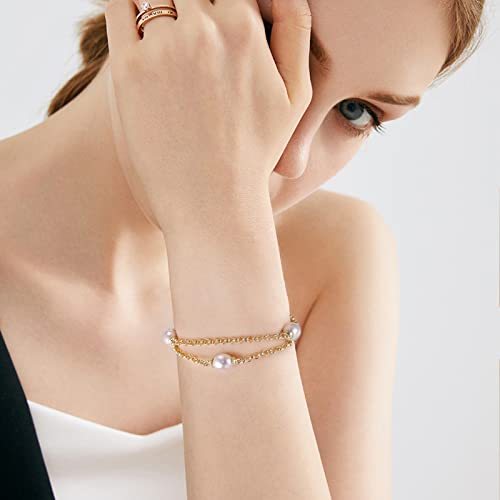 Image of Gold Pearl Bracelet for Women, REAL 14K Gold Plated Double Layered Dainty Pearls Bracelet, Elegant Stackable Flower Jewelry Gift for Her with OT Clasp