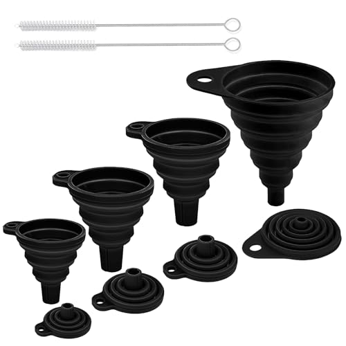 Embudo Plegable, Juego de 4 Embudo Silicona Plegable con 2 Cepillo Limpieza Funnel Kitchen Embudos para Transferencia de Líquidos de Cocina