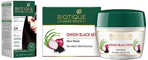 Biotique Bio Herbcolor Conditioning Hair Color, 50g + 110ml – Darkest Brown 3N (Pack of 1) & Biotique Onion Black Seed Hair Mask, Ideal for Hair Fall Control, 175g | Hair Nourishment, Hairfall control